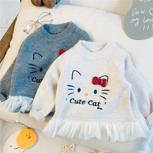 加德绒荷叶边下摆儿童女童宝宝白色毛衣针织衫加厚新款毛衣秋冬