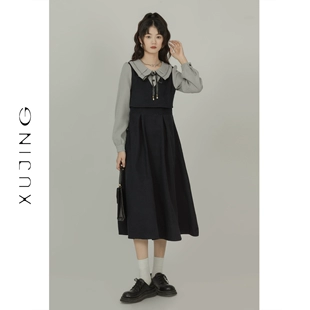 茶歇法式 连衣裙女2023春季 显瘦长裙子 「叙境」假两件黑色长袖 新款