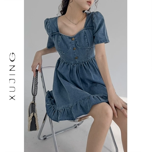 新款 高级感气质荷叶边短裙子 「叙境」复古牛仔连衣裙女2023年春季