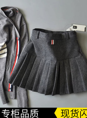 TB百褶裙冬季女2025新款高腰加厚羊毛呢A字半身裙学院风灰色短裙