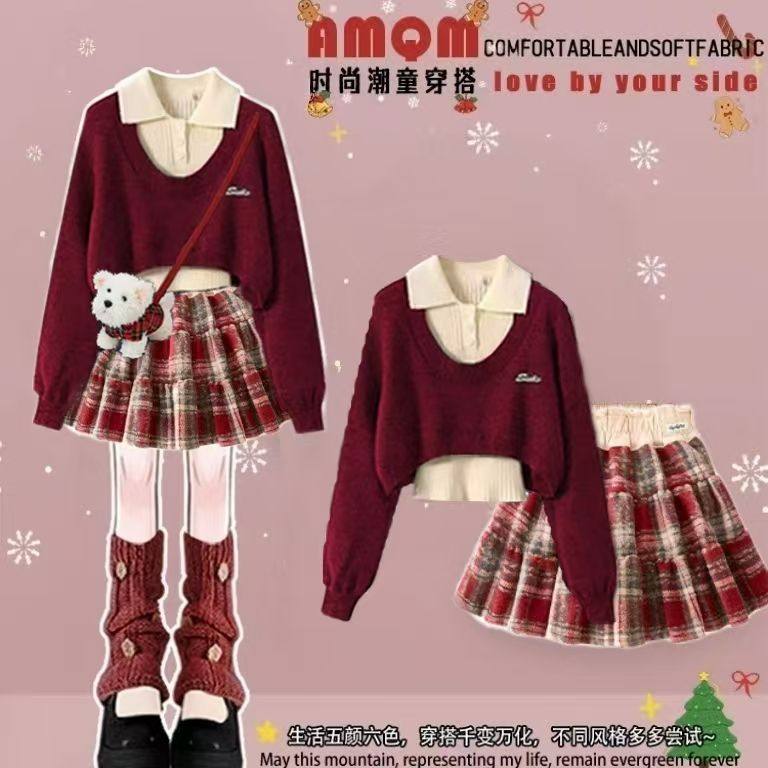 马年本命年女童学院风红色套装冬季加绒保暖毛衣呢子百褶裙两件套