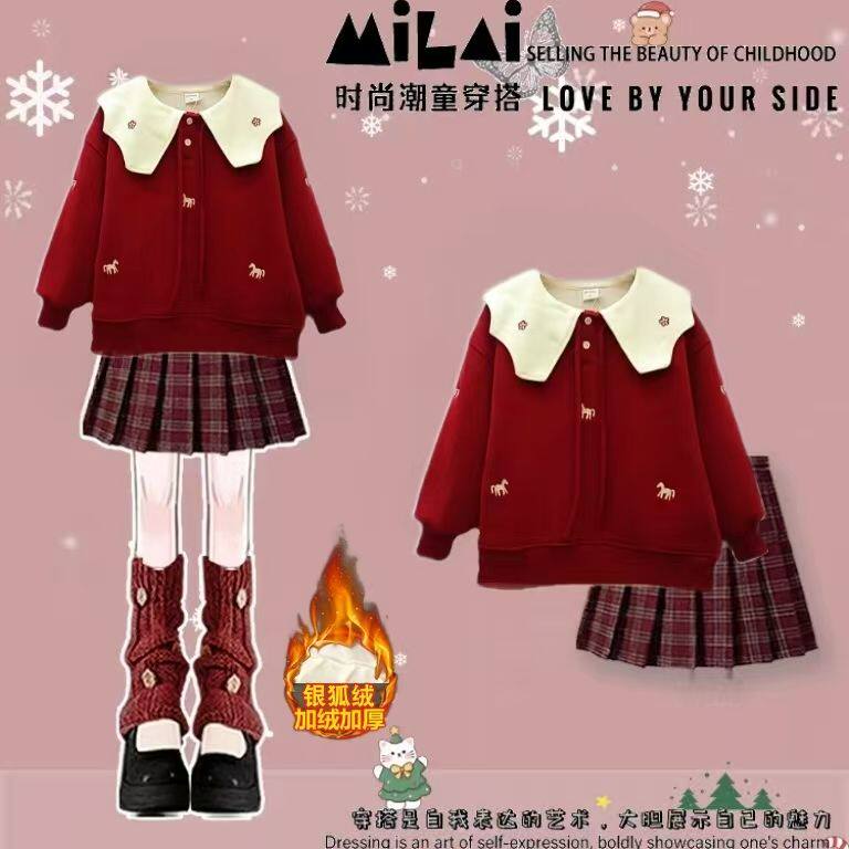 女童秋冬加绒娃娃领新年服两件套