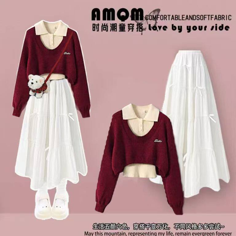 女童学院风套装冬季红色毛衣白色加绒裙子初中生少女本命年两件套