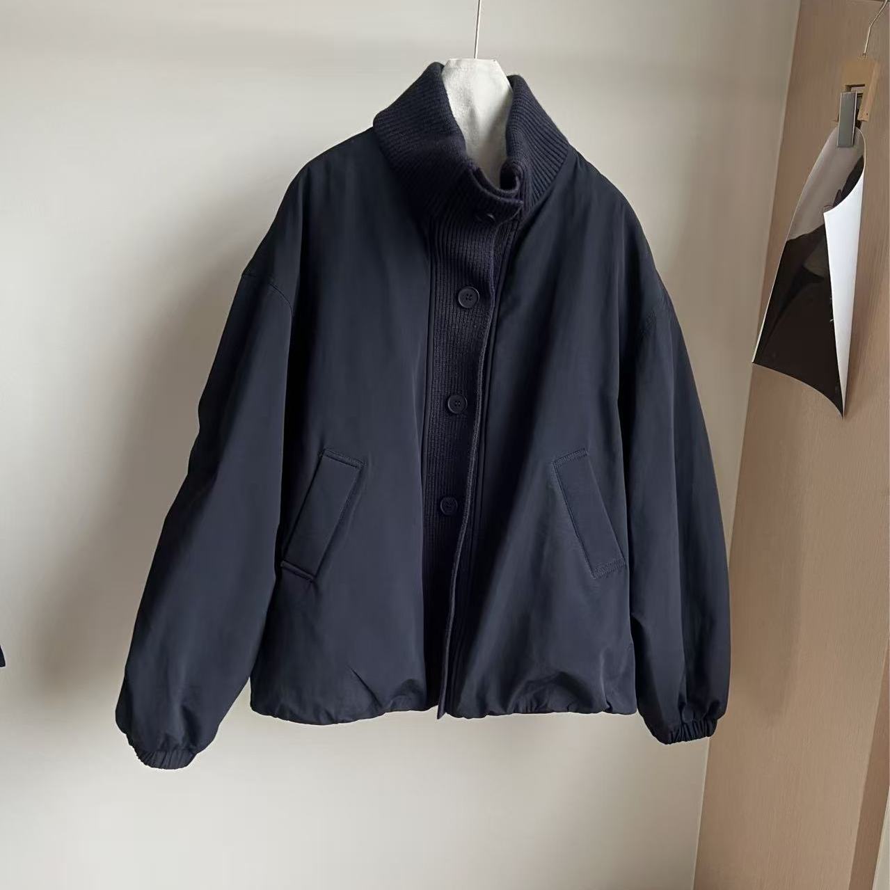 601#韩国东大门冬装新款门襟针织接拼单排扣立领90羽绒服外套