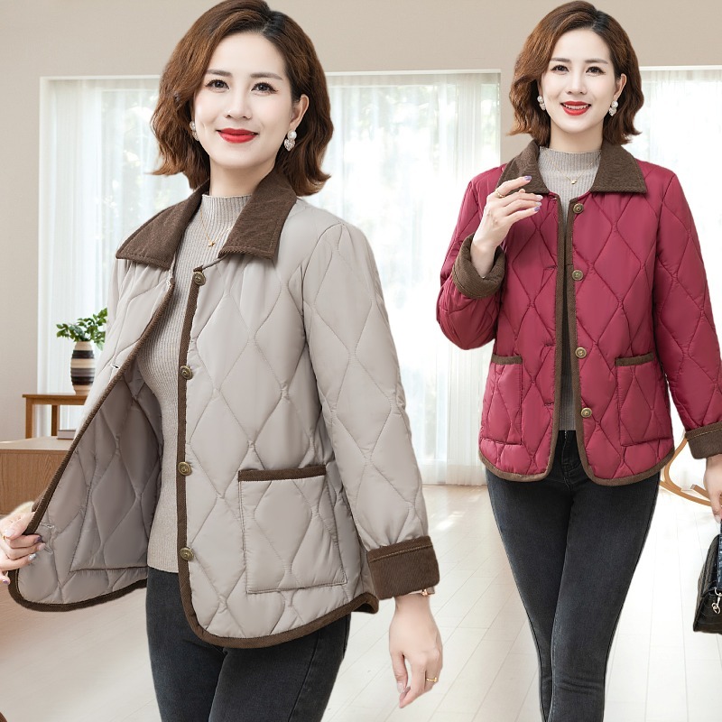 妈妈秋冬夹棉外套棉衣新款40岁50中老年人女冬装时尚轻薄翻领棉服