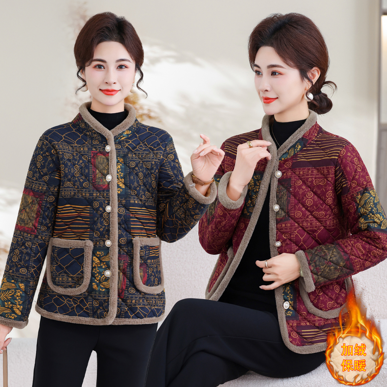 妈妈装网红爆款加绒保暖花棉衣中老年人女装立领洋气印花棉袄外套