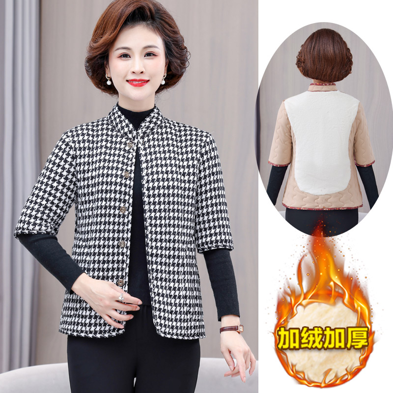 抖音中老年女妈妈秋冬中袖保暖棉衣马甲护背加绒加厚奶奶居家棉服