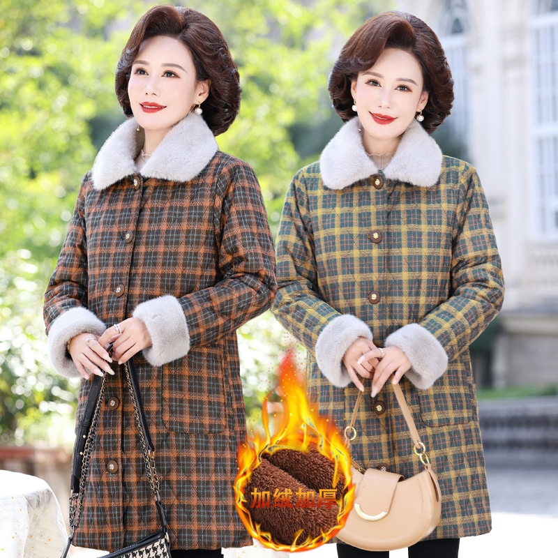 中老年大码格子棉衣外套妈妈棉袄加绒加厚秋冬保暖毛领中长款棉服