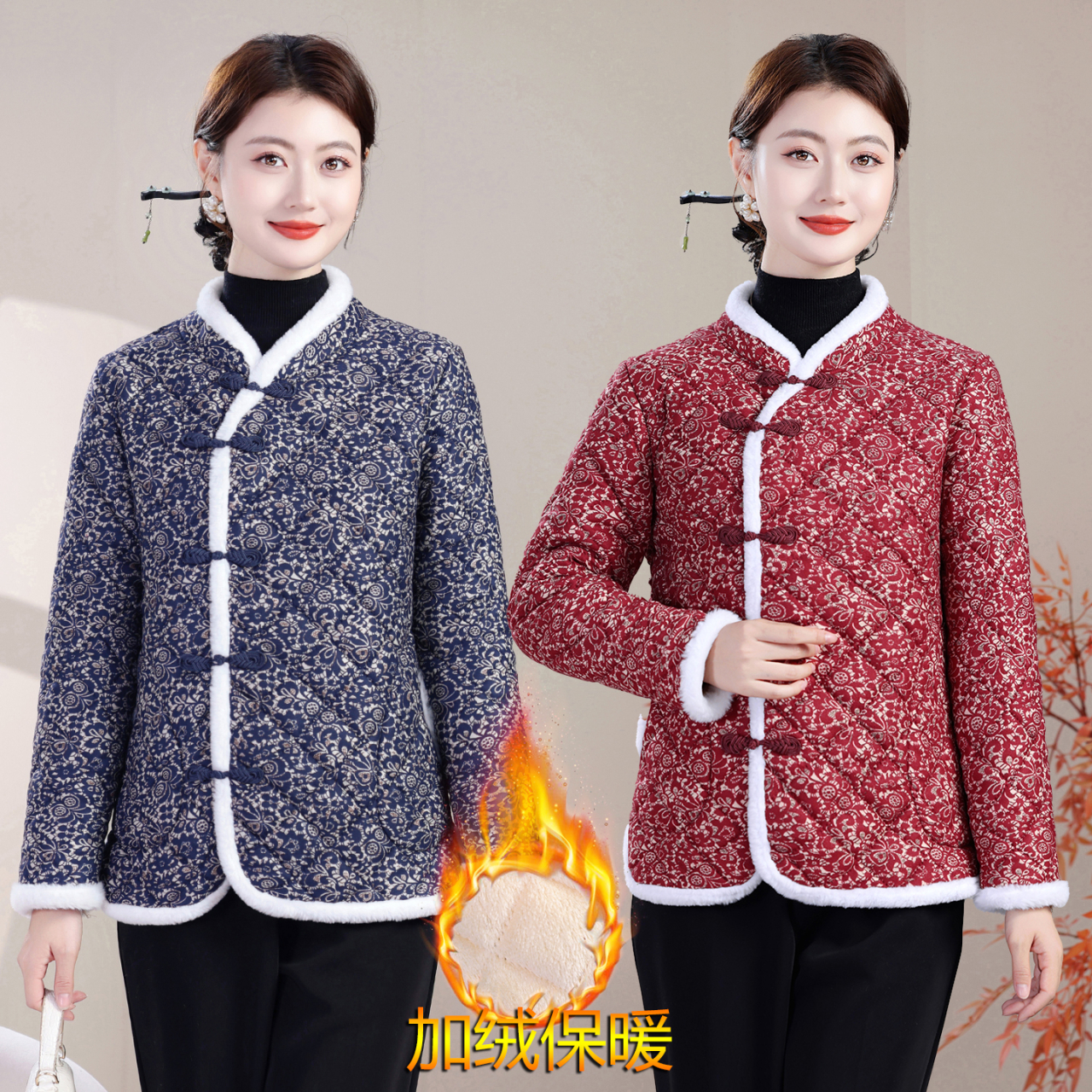 中国风妈妈装加绒碎花盘扣国风棉衣女中老年中式保暖洋气棉袄外套