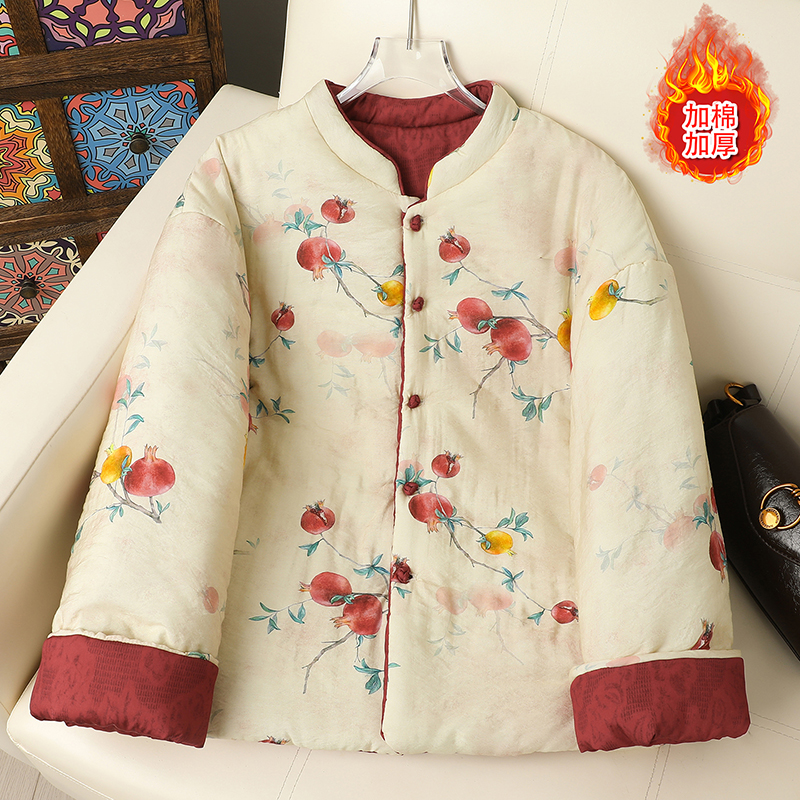 新中式国风印花棉衣女中老年人妈妈装秋冬双面穿加厚保暖棉服外套