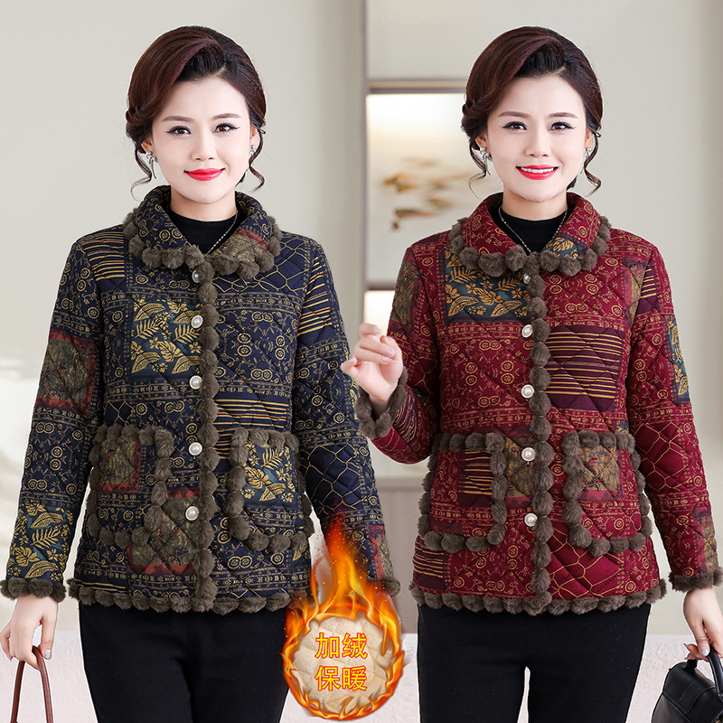 妈妈装网红印花毛边棉衣女中老年加绒保暖小棉袄翻领时尚减龄外套