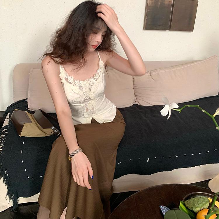 酒午自制缎面提花吊带背心秋季女