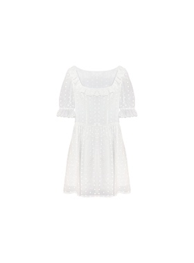 酒午自制法式方领白色波点连衣裙女新款设计感镂空花边泡泡袖短裙