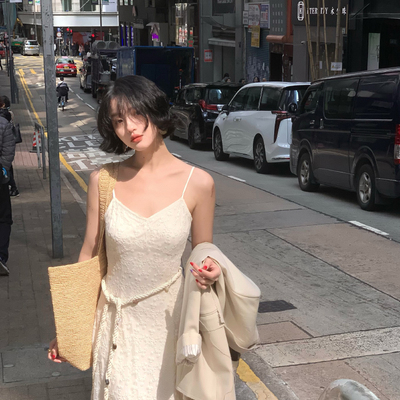 酒午春季V领蕾丝网纱双层吊带裙