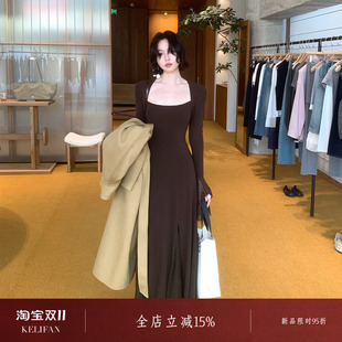 酒午【绿窈】2026冬季棉法式喇叭袖修身针织连衣裙蕾丝拼接长裙女
