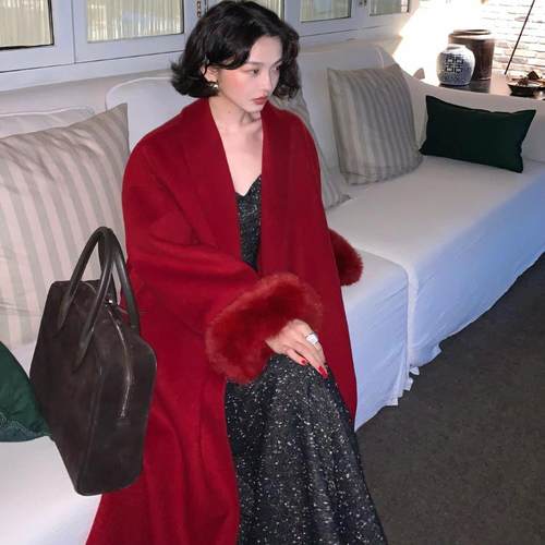 酒午毛绒绒袖口双面毛呢外套冬季