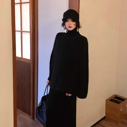 酒午自制复古秋冬针织半身长裙女