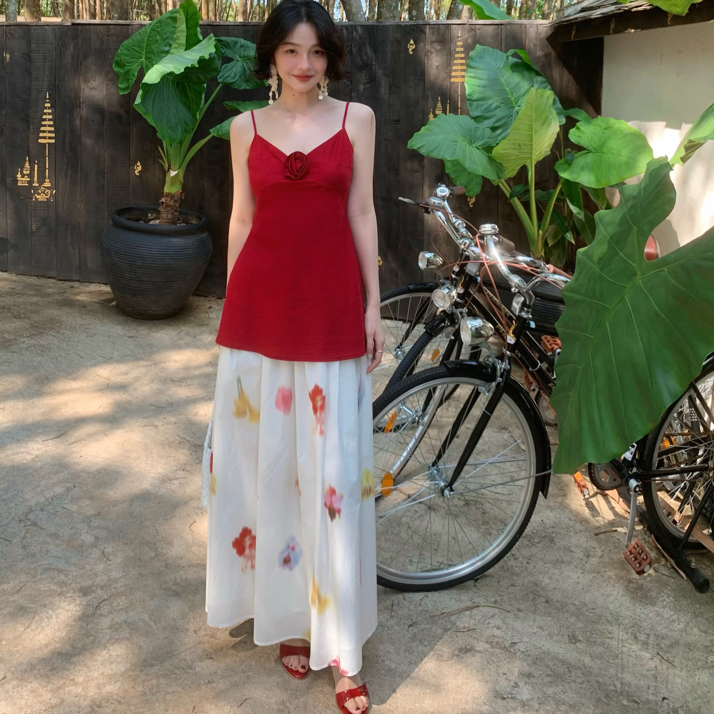 酒午自制100%棉油画印花半身伞裙