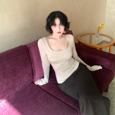 酒午自制纽扣方领设计打底衫上衣