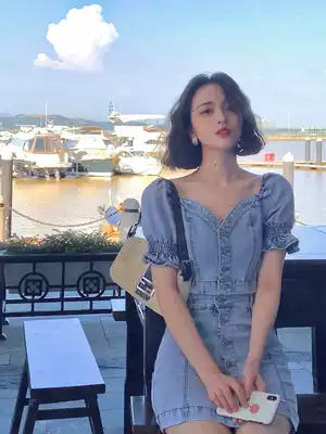 Wine afternoon French vintage 2021 female summer new bubble sleeve denim jacket hip high waist a skirt two-piece set