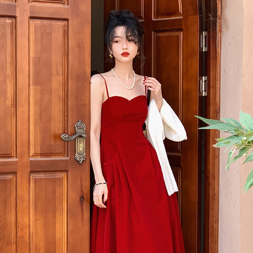 酒午自制高腰修身过膝丝绒连衣裙