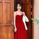 中长款 酒午自制法式 复古红色丝绒吊带连衣裙春秋高腰修身 打底裙女