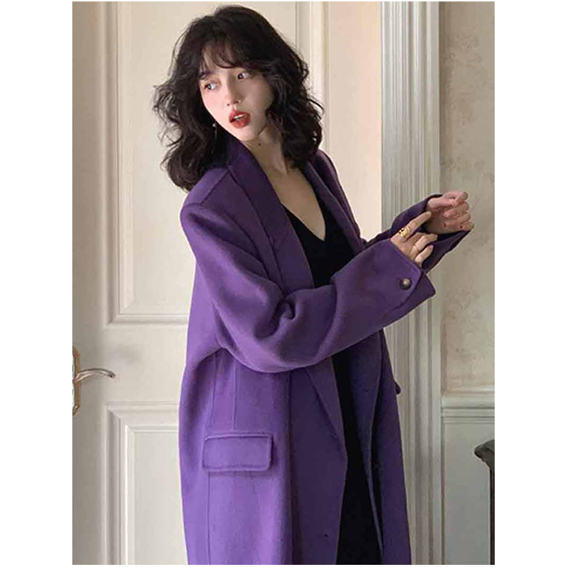 酒午紫色100%绵羊毛双面呢大衣女