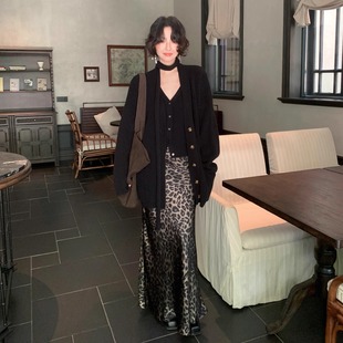 酒午自制【魅影摇曳】港风复古秋季新款豹纹半身裙高腰长款鱼尾裙