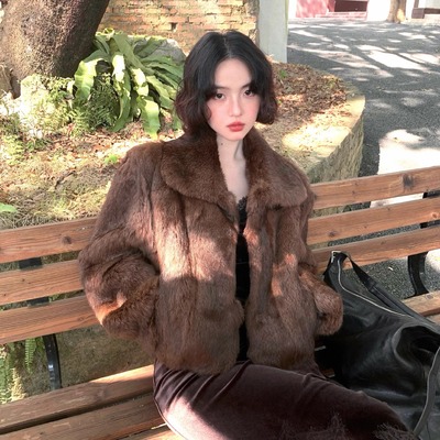 【双11】酒午自制港风复古2025秋冬新款100%兔毛翻领毛毛外套皮草
