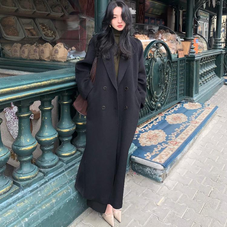 酒午自制复古毛呢大衣长款外套女
