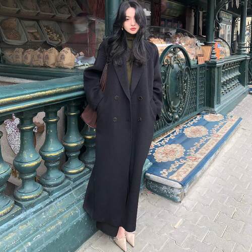 酒午自制复古毛呢大衣长款外套女