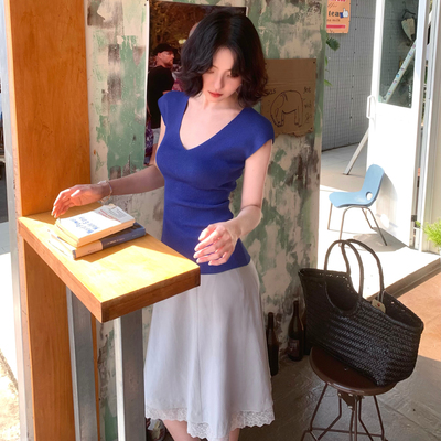 酒午自制【积云期】法式复古夏季V领收腰显瘦针织衫正肩短袖上衣