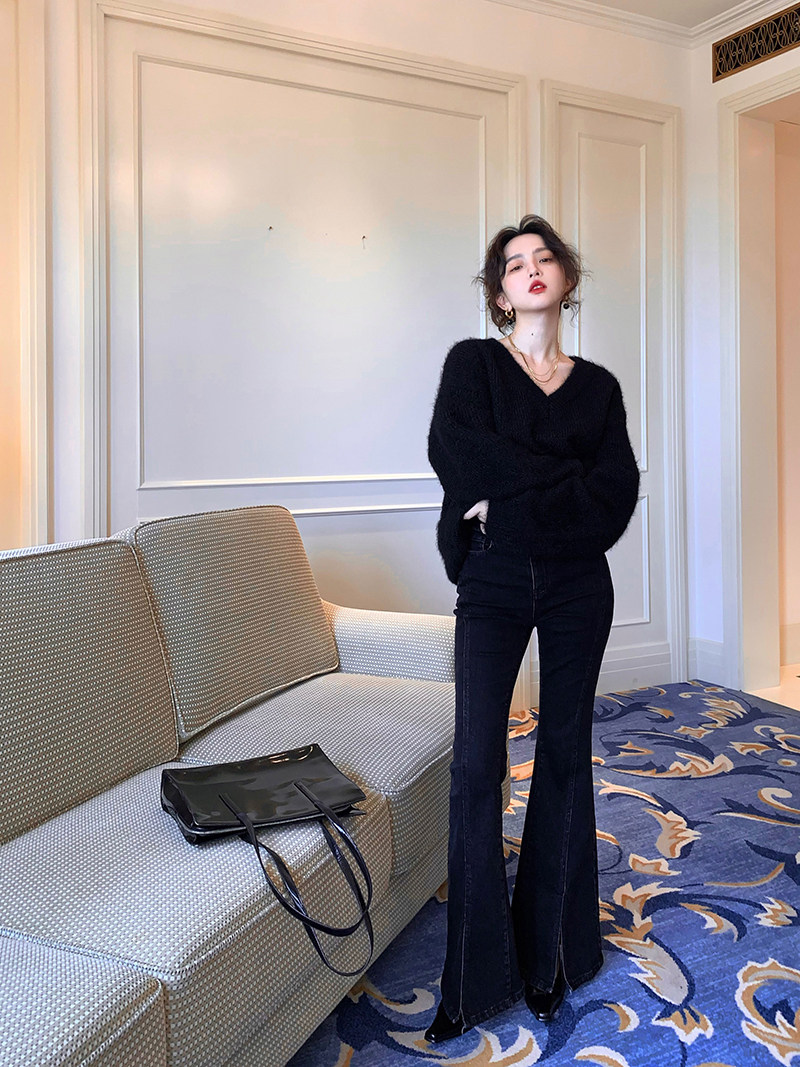 酒午自制港风复古高腰显瘦微喇叭前开衩纯棉牛仔裤女修身休闲长裤,女装/女士精品,牛仔裤,淘宝优惠券,粉丝福利购,淘宝优惠卷