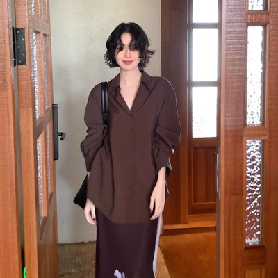 酒午自制印花弹力高腰长款半身裙