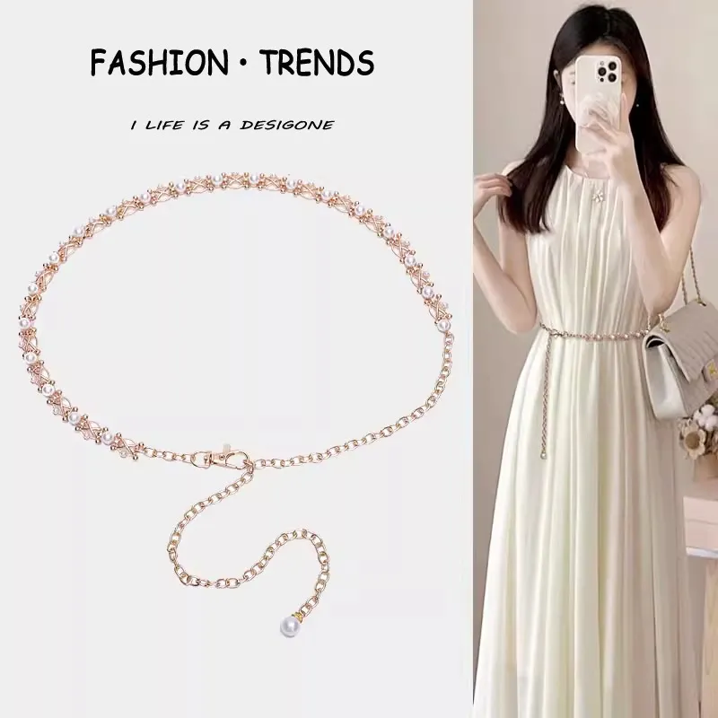 爆款珍珠腰带女配裙子韩国百搭细腰链金属链条毛衣连衣裙配高颜值
