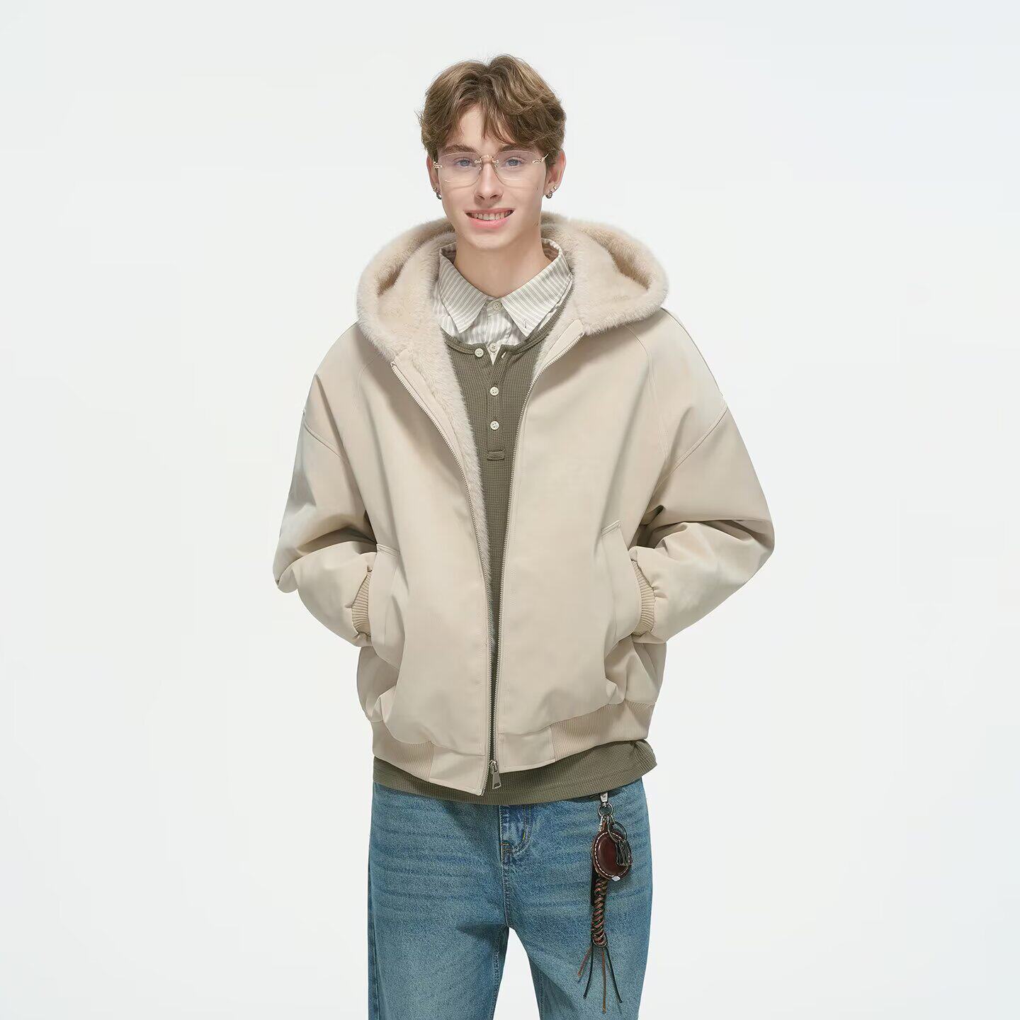 2025年新款时尚休闲宽松美式复古座山雕短款连帽棉衣外套黑色杏色