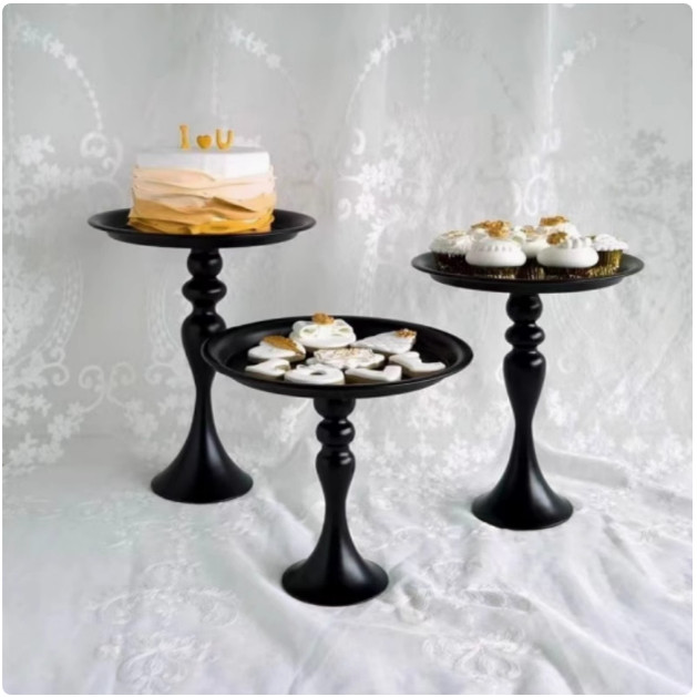 黑色蛋糕盘食物摄影道具欧式婚庆高脚铁艺蛋糕架甜品台创意点心盘