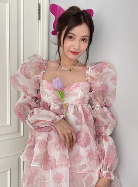 林小宅同款2023年夏露背贝芙丽泡泡袖连衣裙藕节长袖多层蓬蓬裙