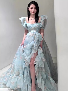 Selkie ocean2024春夏轻婚纱礼服裙女浅蓝薄荷本婚纱拖尾连衣裙