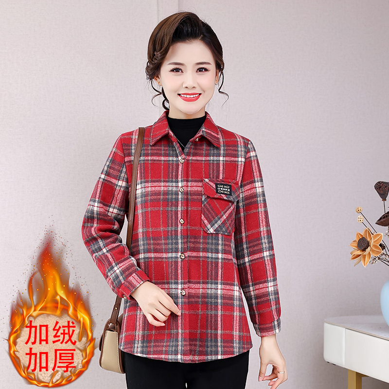 秋冬格子宽松大码长袖纯棉毛呢加绒加厚衬衣外套加厚磨毛衬衫女装
