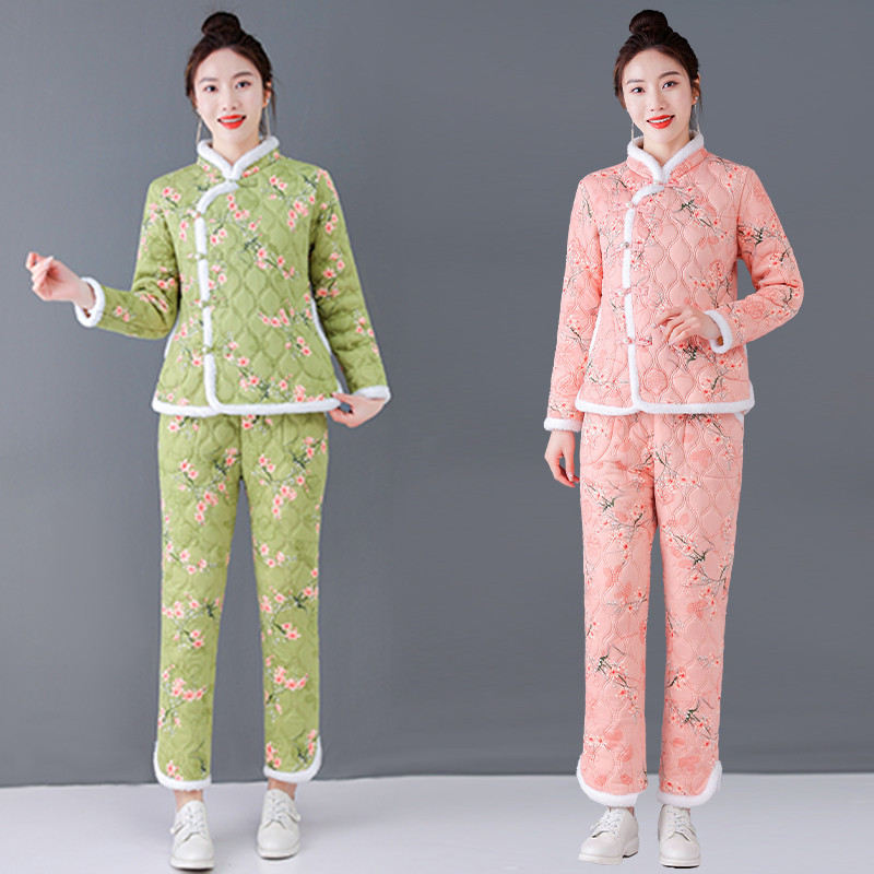 东北大花袄女冬季加绒加厚民族风碎花棉服棉裤套装洋气复古花棉袄