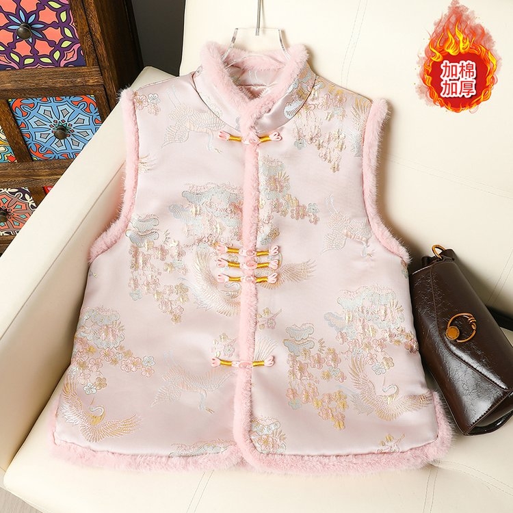 冬季毛毛边2025新款女加棉外套无袖唐装上衣新中式国风马甲背心