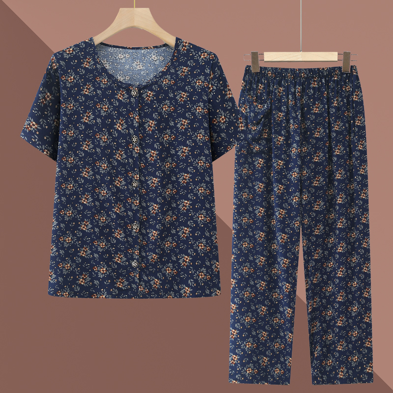 奶奶夏装纯棉绸套装中老年人短袖T恤女妈妈居家服老太太开衫睡衣