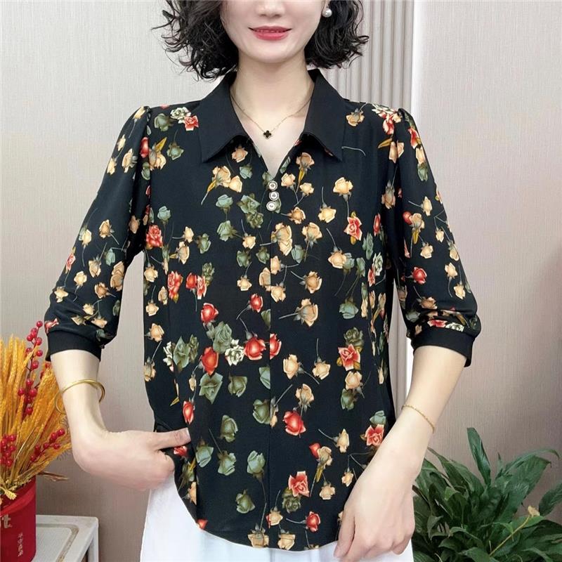 时尚洋气妈妈装2025夏新款衬衫T恤中老年七分袖上衣打底碎花小衫