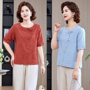 盘扣短袖 夏装 中老年气质衬衣妈妈新中式 洋气小衫 T恤提花上衣 新款