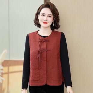妈妈背心外套2024中式 中老年春秋国风洋气盘扣妈妈坎肩 新款