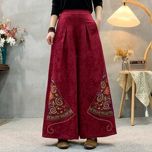 民族风大腿裤 妈妈春季 重工刺绣休闲百搭大码 棉麻提花阔腿裤 女 新款
