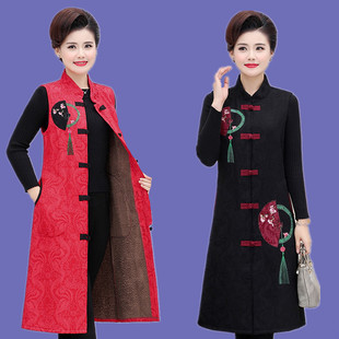 唐装 秋冬新款 宽松中长款 加绒棉麻绣花大码 坎肩外套 民族风马甲女装