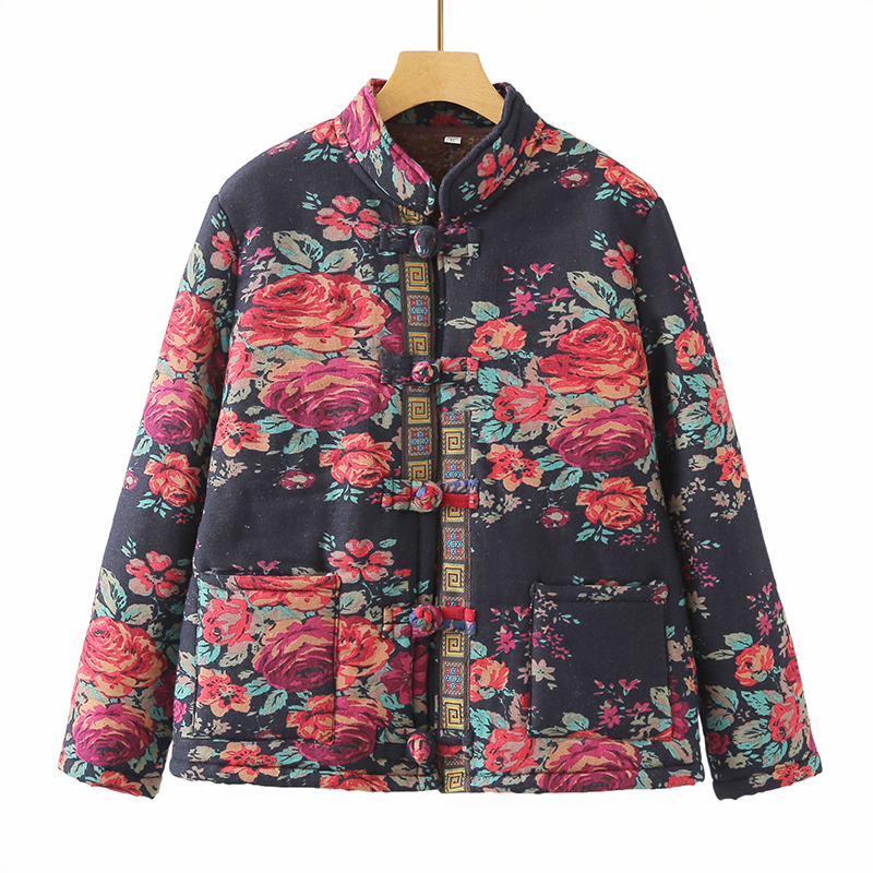 棉麻妈妈装小棉袄夹棉加绒棉服复古民族风宽松大码网红东北老花布