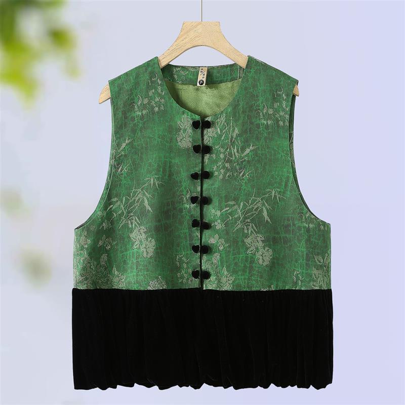 复古时尚上衣气质宽松改良国风马夹秋季新中式缎面拼接丝绒马甲女